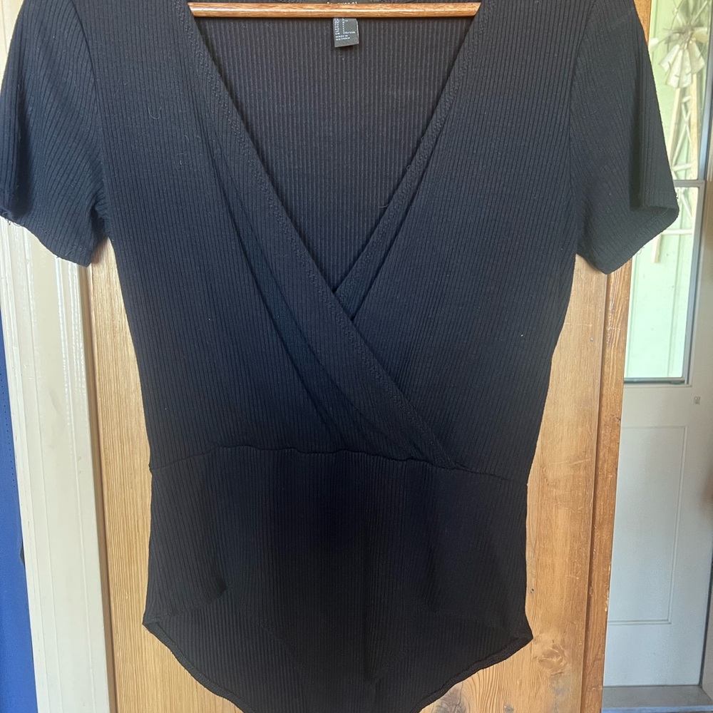 Forever 21 Black Ribbed V-Neck Bodysuit
